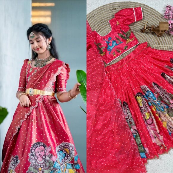 Kalam Kari Printed &  Embroidered Girl's Lehenga - Picture 11 of 12